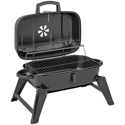 Outsunny Charcoal Barbecue Grill Folding BBQ Grill with 1232 cm² Cooking Area, Adjustable Vent, Thermometer, Handles for Camping Picnic, Black 