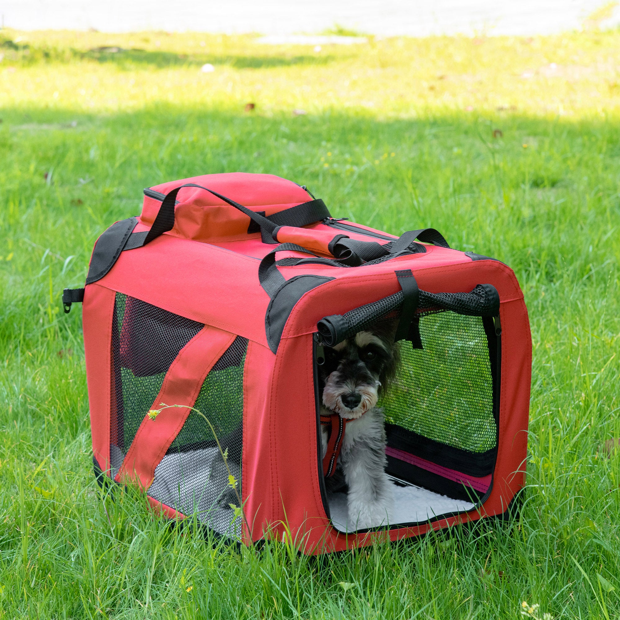PawHut Foldable Pet Carrier for Small and Miniature Dogs, Portable Cat Carrier Soft Side Pet Travel Crate with Removable Mat, Storage Bags, Breathable Mesh Window 60 x 42 x 42cm - Red 