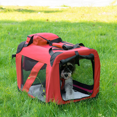 PawHut Foldable Pet Carrier for Small and Miniature Dogs, Portable Cat Carrier Soft Side Pet Travel Crate with Removable Mat, Storage Bags, Breathable Mesh Window 60 x 42 x 42cm - Red 