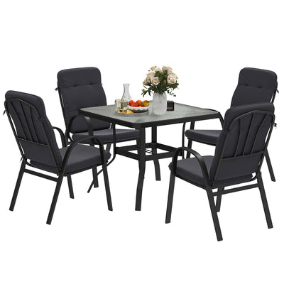 Outsunny 5 Pieces Outdoor Square Garden Dining Set w/ Tempered Glass Dining Table 4 Cushioned Armchairs, Umbrella Hole, Black 