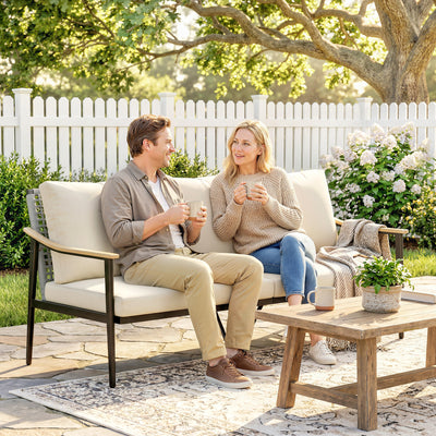 Outsunny 3 Seater Rattan Sofa, Outdoor Garden Sofa with Wood-Effect Armrests, Cushions for Patio, Balcony, Khaki 