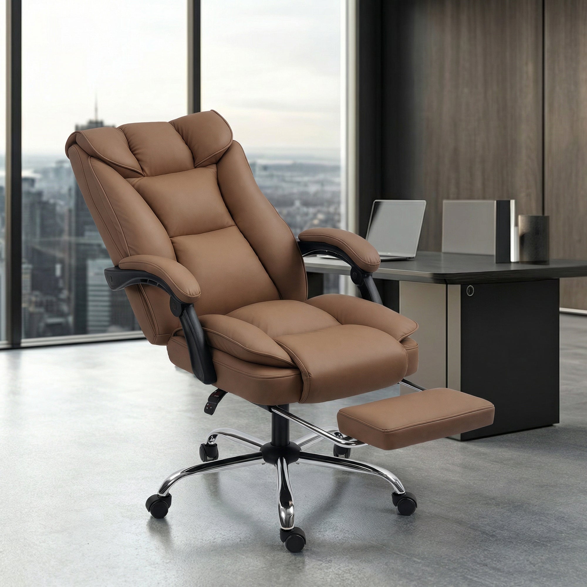 HOMCOM 155° Reclining Faux Leather Swivel Office Chair - Brown 