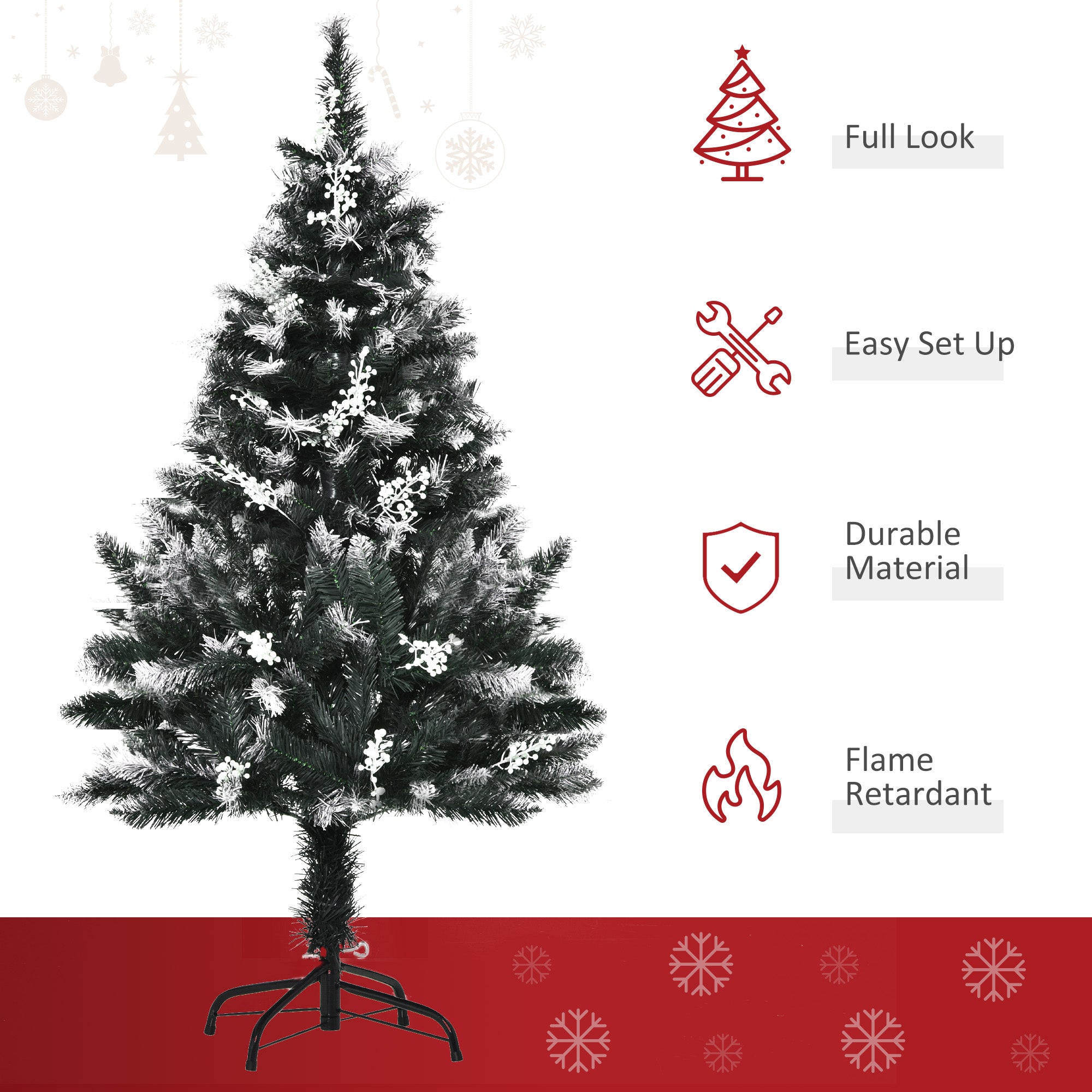 HOMCOM 4FT Artificial Snow-Dipped Christmas Tree Xmas | Home Home Indoor Decoration | Removable Stand w/ White Berries Star Topper Branch Green 