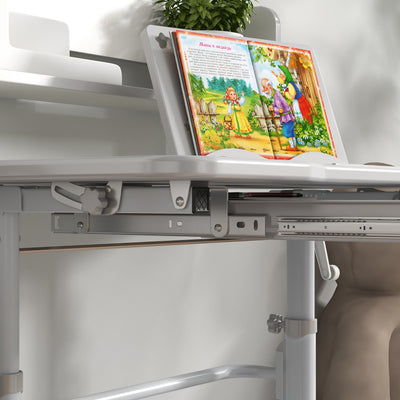 ZONEKIZ Height Adjustable Kids Study Table and Chair Set, with Drawer, Storage Shelf, 80 x 54.5 x 104 cm, Grey 