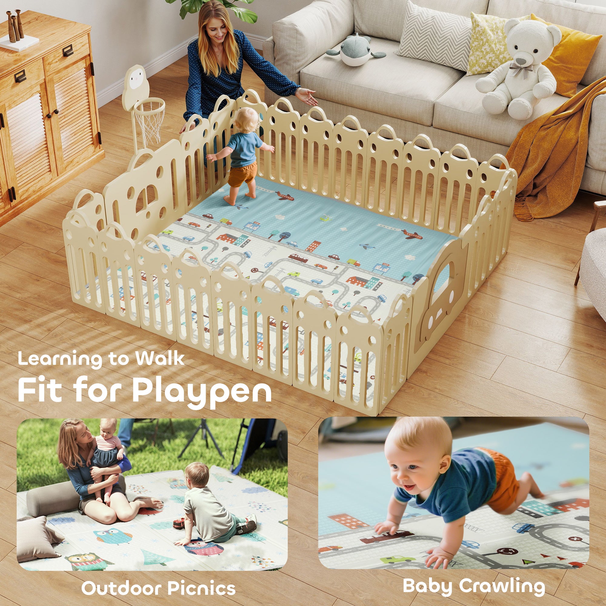 AIYAPLAY Foldable Baby Plat Mat Double Sided, Kids Floor Mat for Crawling, 200L x 150W cm, Car track and Owl Theme 
