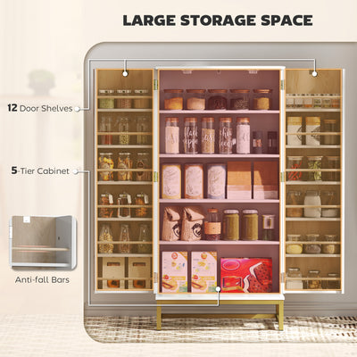 HOMCOM 119.5 cm Kitchen Cupboard, Freestanding Kitchen Cabinet with Double Doors, 5 Tiers, 12 Spice Racks, White 