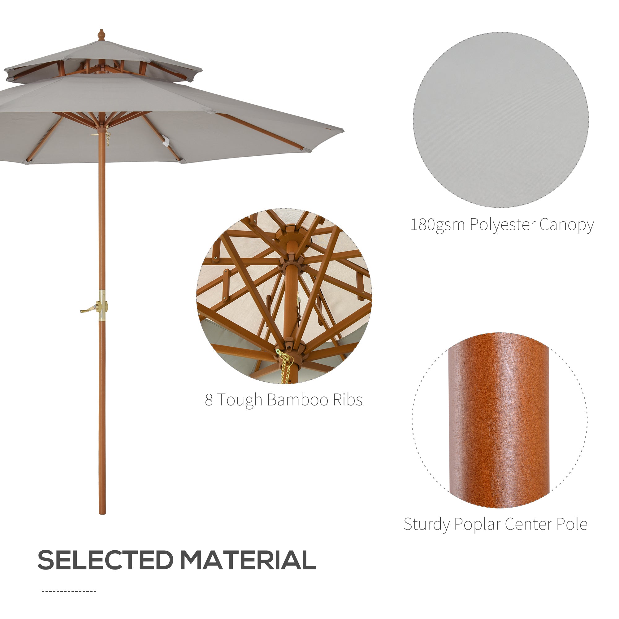 Outsunny 2.7m Elegant Wooden Frame Parasol Umbrella - Grey 