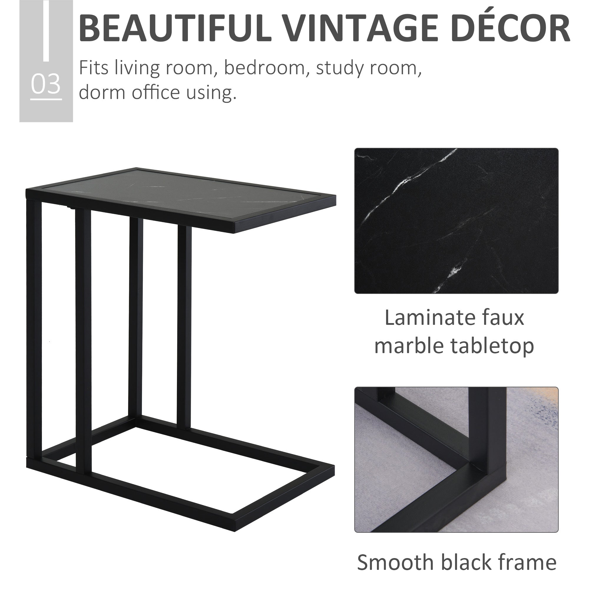 HOMCOM C Shape Bedside Table w/Metal Frame Marble-Effect Top Sofa Narrow Snack End Table for Living Room, Black 