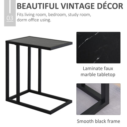 HOMCOM C Shape Bedside Table w/Metal Frame Marble-Effect Top Sofa Narrow Snack End Table for Living Room, Black 