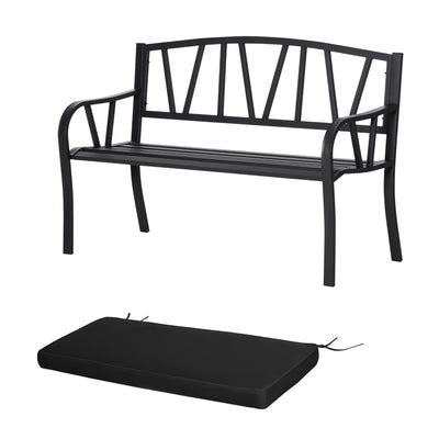 Outsunny 2-Seater Garden Bench with Cushion, Metal Loveseat, Slatted Outdoor Park Chair with Decorative Backrest and Armrest, Black 