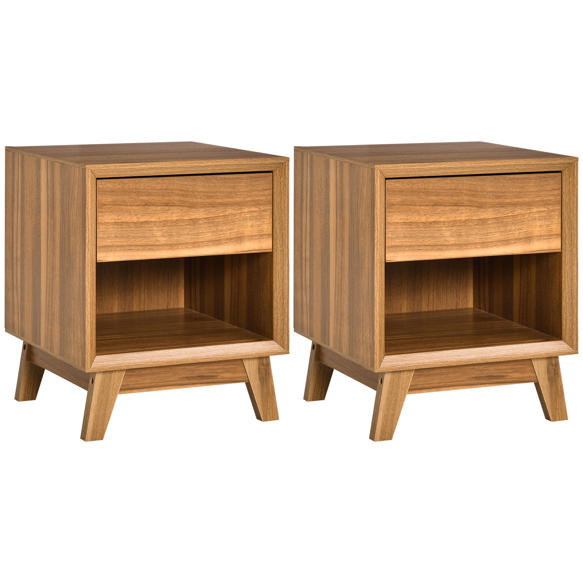HOMCOM Modern Bedside Table Nightstand, Living Room End Table, Side Table with Drawer and Shelf, Set of 2, Walnut Brown 