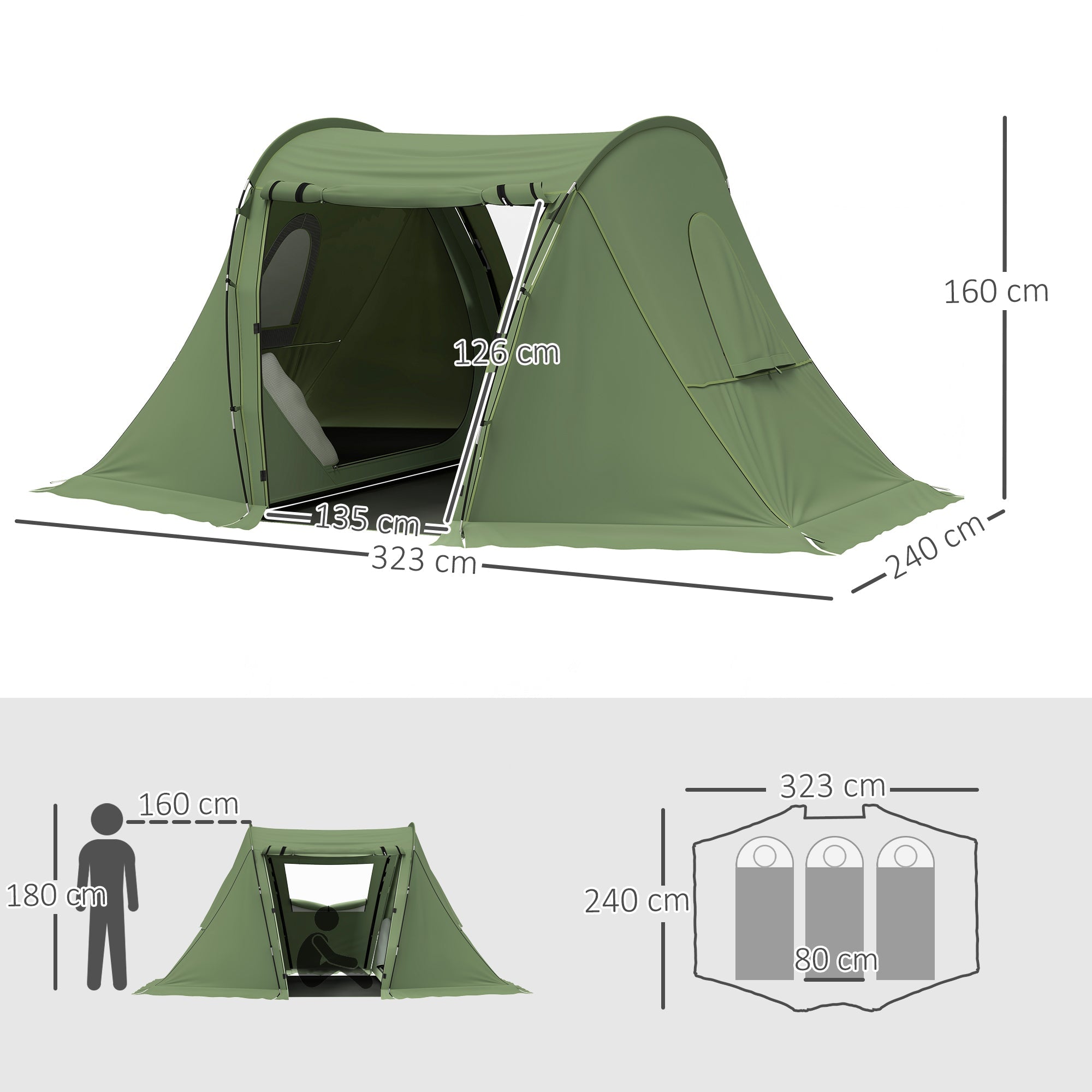 Outsunny 3 Man Camping Tent with Living Area and 2 Bedrooms, 3000mm Waterproof Family Tent with Sewn-in Groundsheet, Portable with Bag for Hiking, Festival, Backpacking, Green 