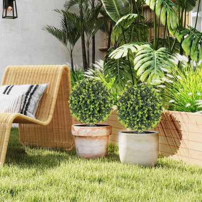 HOMCOM Set of 2 40 cm Artificial Boxwood Topiary Ball Bush with Integrated Ground Stake, Indoor Outdoor UV Resistant Faux Greenery, Faux Plants for Garden, Porch, Balcony 