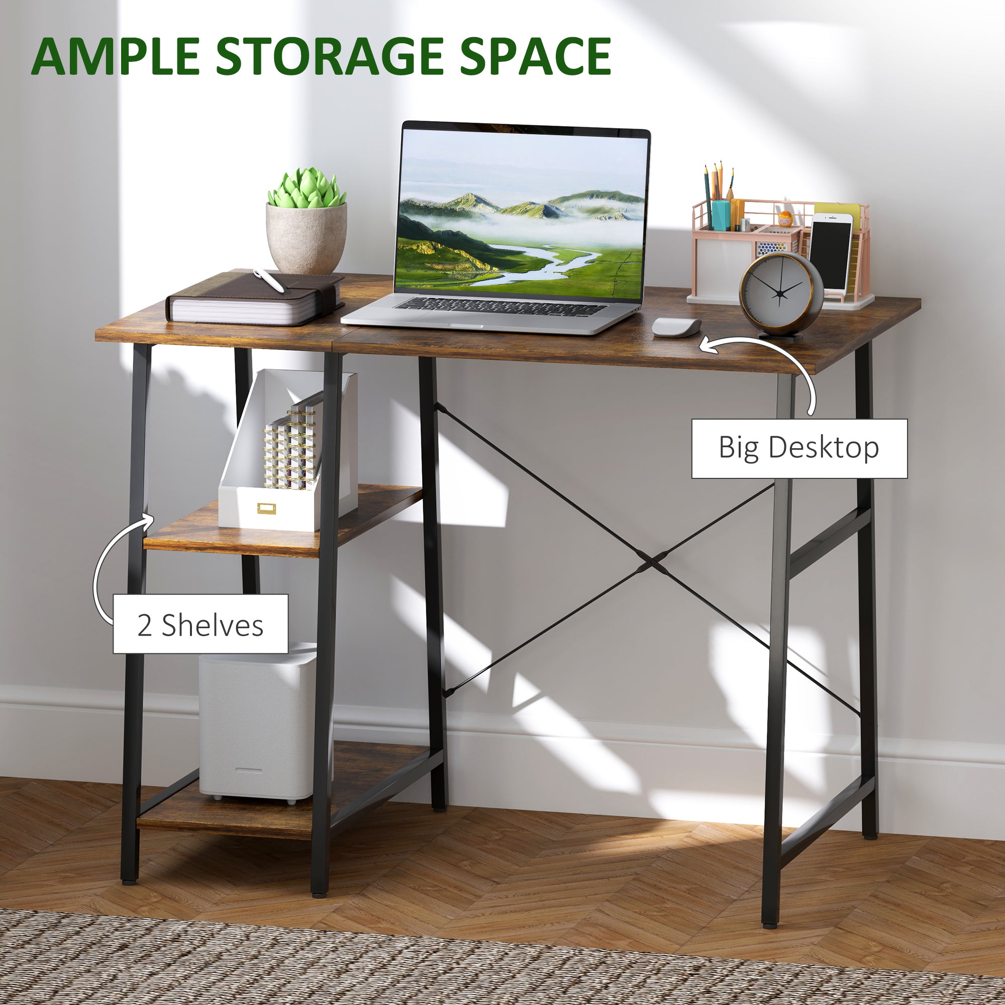 HOMCOM 100cm Computer Desk with Storage, Industrial Home Office Desk with 2 Tier Shelves and Steel Frame, Computer Table for Study Room, Rustic Brown