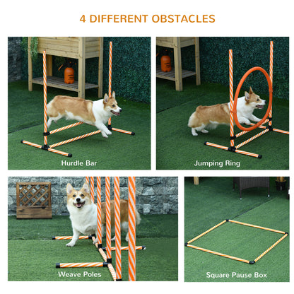 PawHut Dog Agility Equipment Pet Training Set with Adjustable Height Jump Ring Hurdle Whistle Weave Poles Square Pause Box Carry Bag 