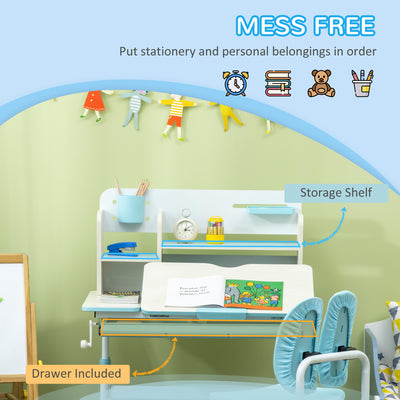 HOMCOM Kids Desk and Chair Set, with Storage Shelves, Washable Cover, for Ages 3-12 Years - Blue 