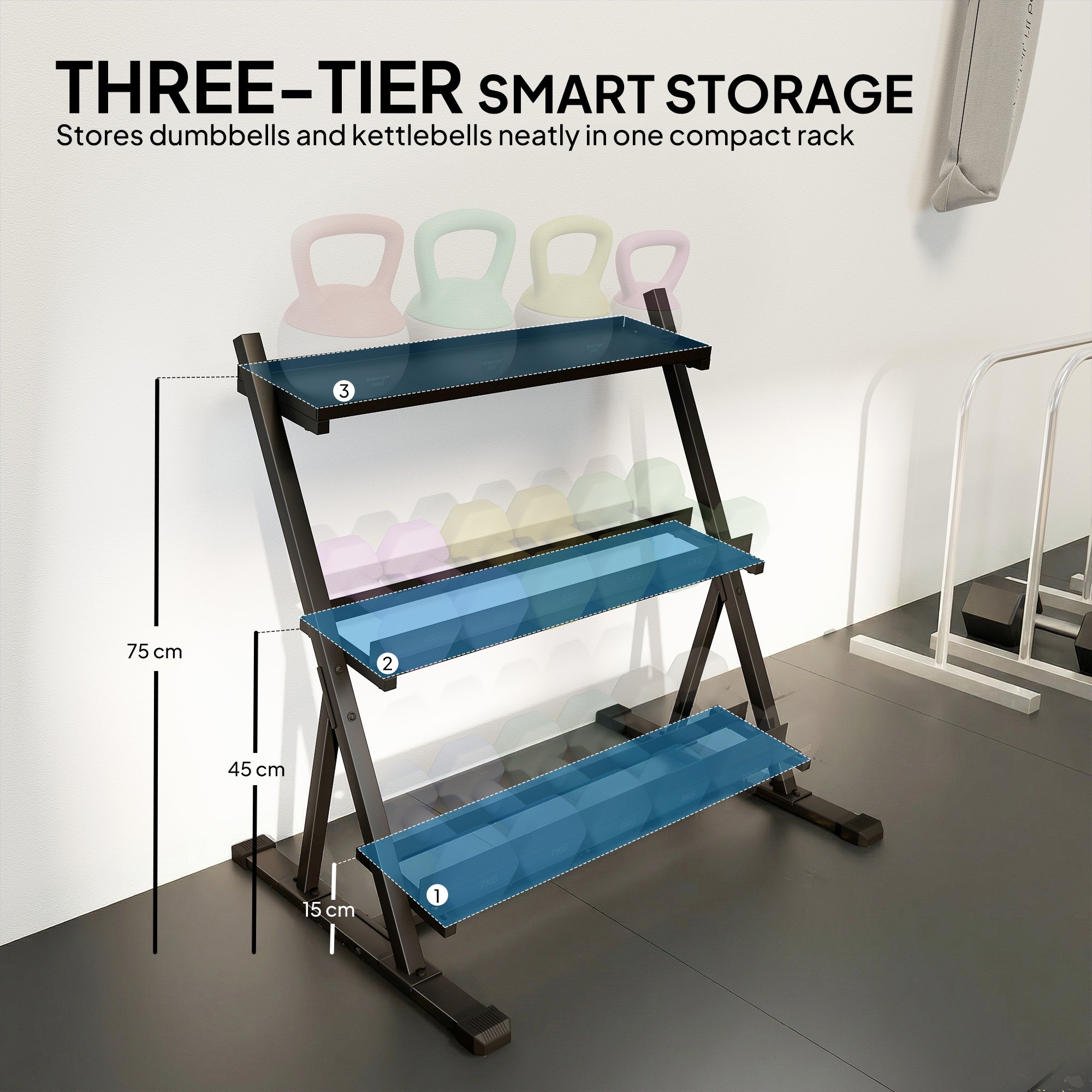 SPORTNOW 3-Tier Adjustable Dumbbell Rack, Heavy-Duty Weight Rack for Dumbbells, Kettlebells and Multiple Balls, Space-Saving Weight Storage Stand for Home Gym, 200 KG Capacity 