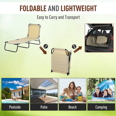 Outsunny 2 Piece Foldable Sun Loungers with 5-Position Adjustable Backrest, Outdoor Portable Recliner Chaise Lounge Chairs with Breathable Mesh Fabric, Beige 