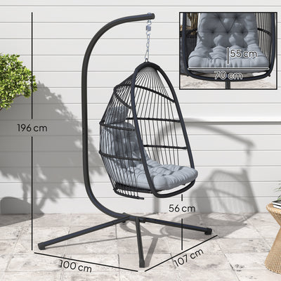 Outsunny Rattan Hanging Egg Chair with Stand, Foldable Wicker Swing Egg Chair with Cushion, Head Pillow, Steel Frame, Hammock Chair for Indoor Outdoor, Capacity 150 kg, Dark Grey 