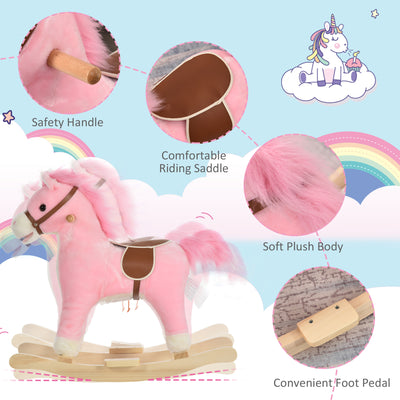 HOMCOM Kids Plush Rocking Horse w/ Sound Moving Mouth Wagging Tail Children Rocker Ride On Toy Gift 3-6 Years Pink 