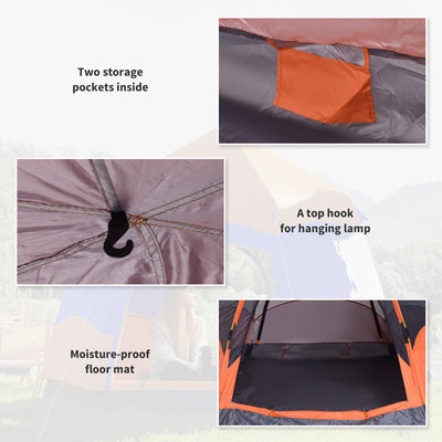Outsunny Six Man Hexagon Camping Tent with Hang Hook and Carry Bag - Orange and Blue 