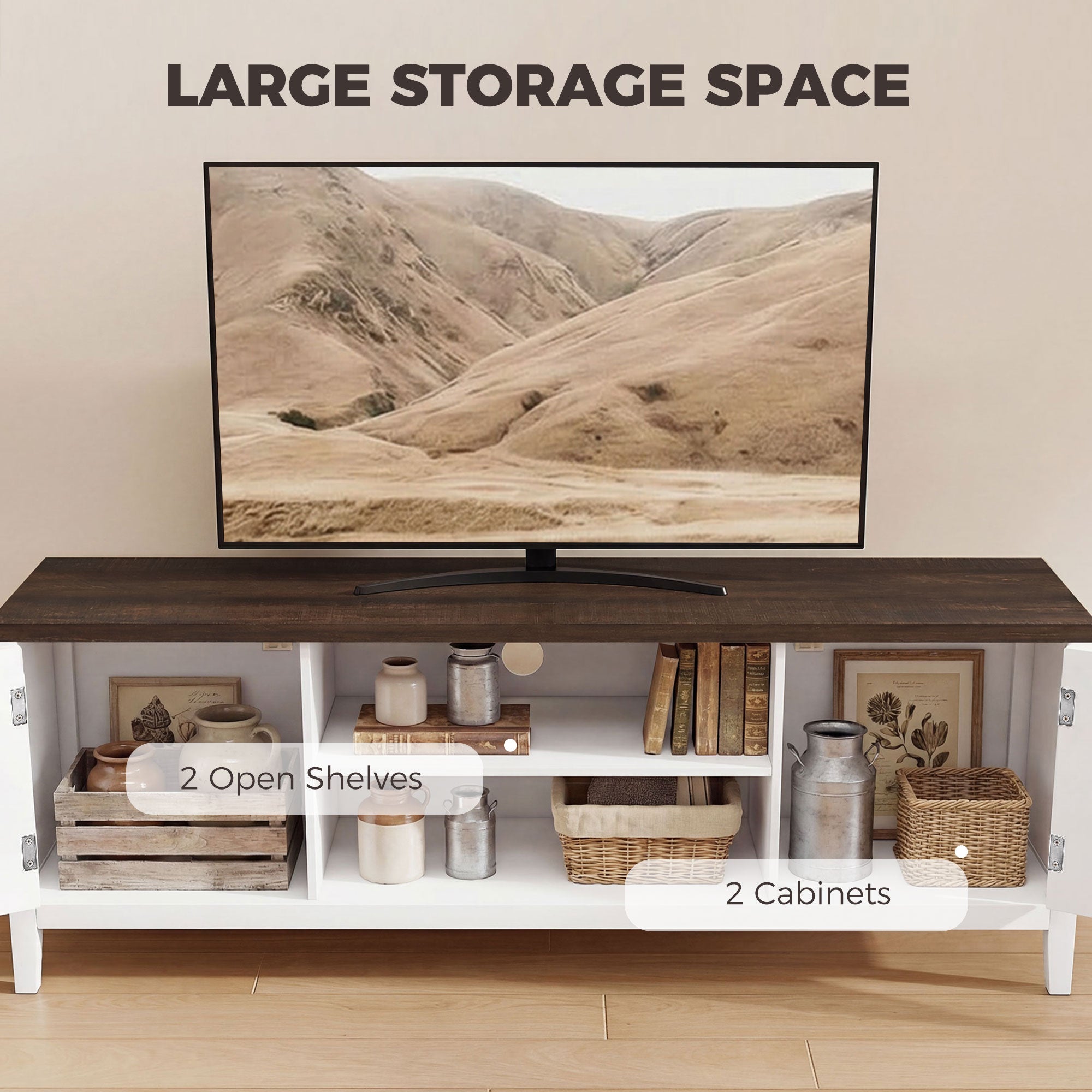 HOMCOM TV Unit for TVs up to 42 Inch, Farmhouse Entertainment Centre with 2 Open Shelves, 2 Cabinets and Thick Top