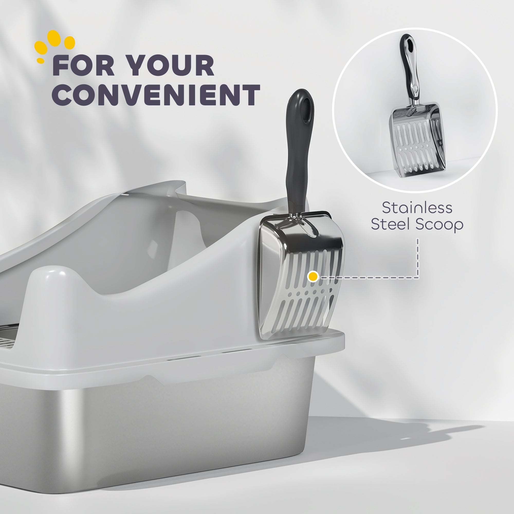 PawHut Stainless Steel Cat Litter Box with High Sides, Scoop, 43 x 33 x 25 cm
