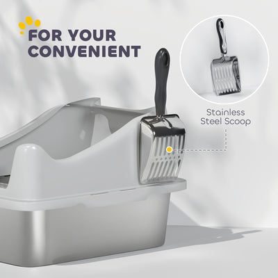 PawHut Stainless Steel Cat Litter Box with High Sides, Scoop, 43 x 33 x 25 cm 