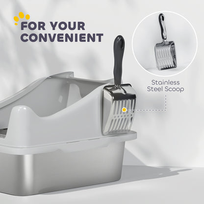 PawHut Stainless Steel Cat Litter Box with High Sides, Scoop, 43 x 33 x 25 cm