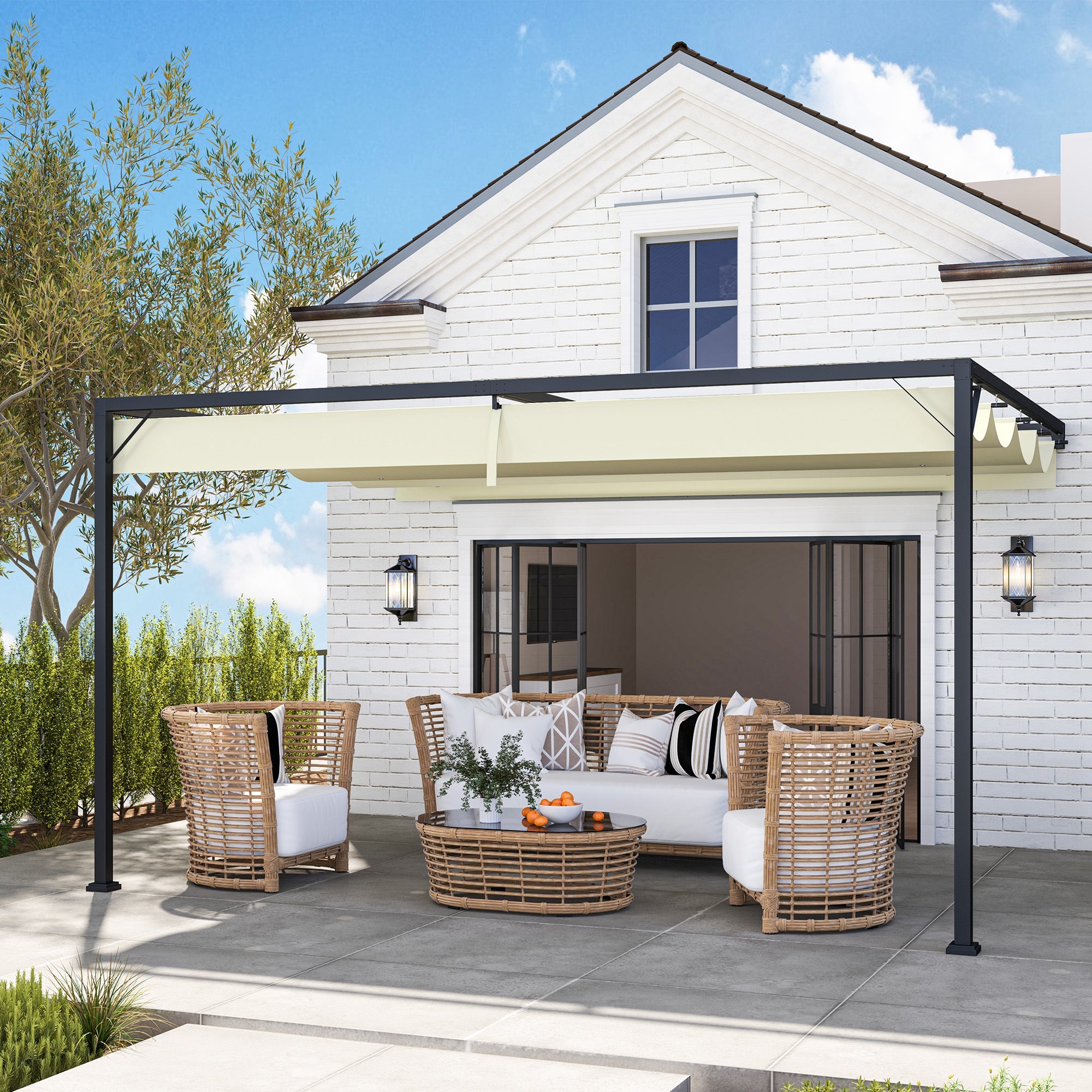 Outsunny 4 x 3(m) Outdoor Pergola Retractable Canopy Wall Mounted Gazebo Patio Shelter Sun Shade, Cream White 