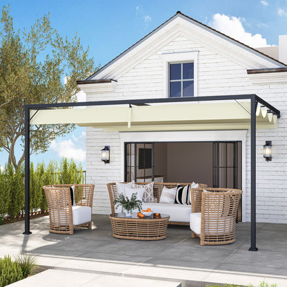 Outsunny 4 x 3(m) Outdoor Pergola Retractable Canopy Wall Mounted Gazebo Patio Shelter Sun Shade, Cream White 