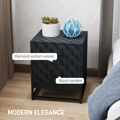 HOMCOM Bedside Tables Set of 2, Modern Bedside Table Nightstand with 2 Drawers, Bedside Cabinet Sofa Side Table with Storage, Steel Legs for Bedroom, Living Room, Black 