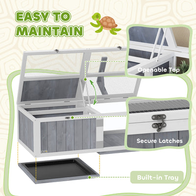 PawHut Wooden Tortoise House with Lamp Holder, Clear Observation Window, Openable Tops, Built-in Tray, Light Grey 