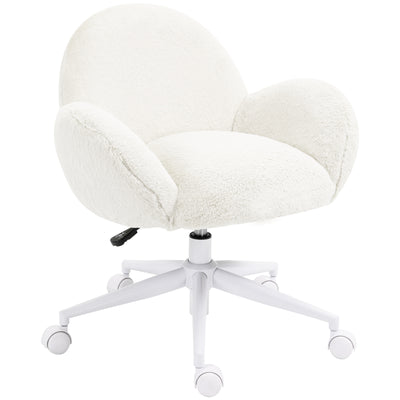 HOMCOM Makeup Vanity Chair, Cute Fluffy Desk Chair with Rolling Wheels for Bedroom Living Room, Cream White 