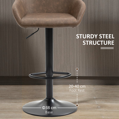 HOMCOM Bar Stools Set of 2, Height Adjustable Swivel Barstools, PU Leather Kitchen Stools with Backs, Armrests and Footrest for Home, Counter and Dining Room, Dark Brown 