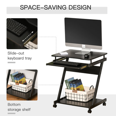 HOMCOM Movable Computer Desk with 4 Moving Wheels Sliding Keyboard Tray Home Office Workstation Black 