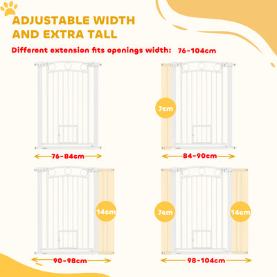PawHut 106cm Tall Dog Gate with Cat Door, 7cm and 14cm Extensions, for Stairs, Doorways, 76-104cm Width 