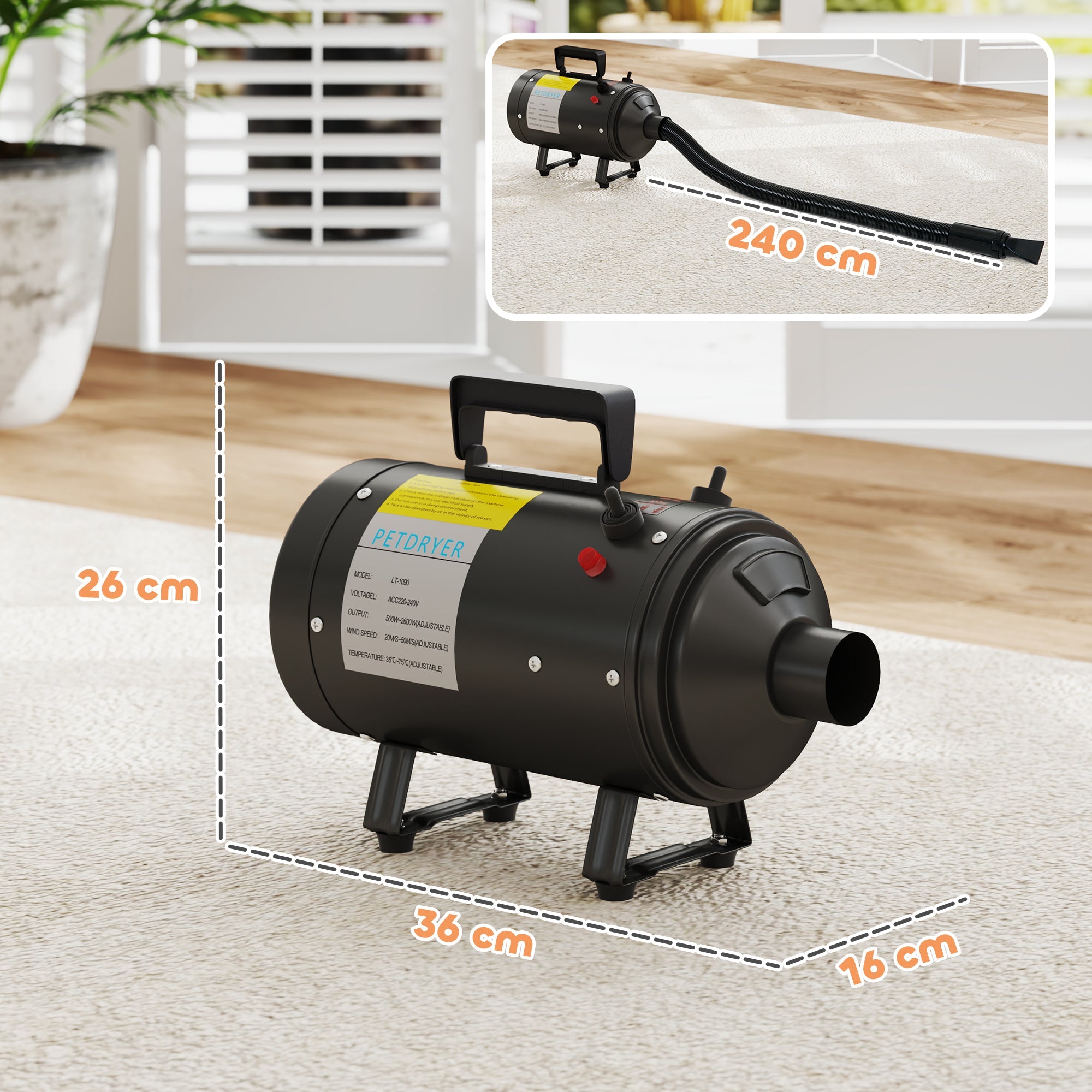 PawHut 2200W Dog Hair Dryer with Adjustable Temperature & Velocity, 3 Different Nozzles, Black 
