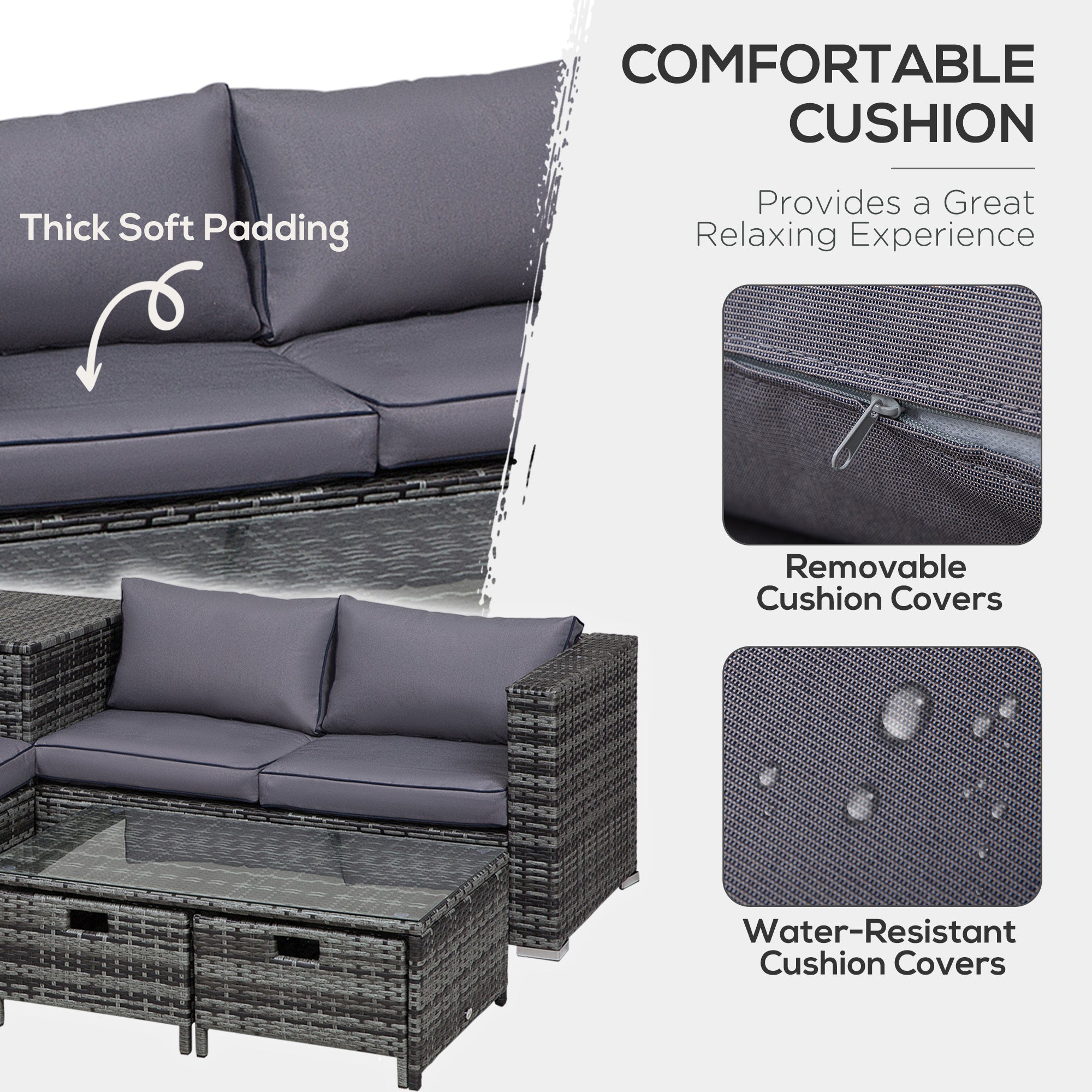 Outsunny 4 Pcs Rattan Wicker Garden Furniture Patio Sofa Storage & Table Set w/ 2 Drawers Coffee Table,Great Cushioned 4 Seats Corner Sofa - Grey 