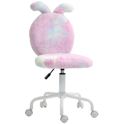 HOMCOM Fuzzy Office Chair with Bunny Ears, Faux Fur Swivel Desk Chair, Armless Makeup Vanity Chair with Adjustable Height for Bedroom, Study Room, Colourful 