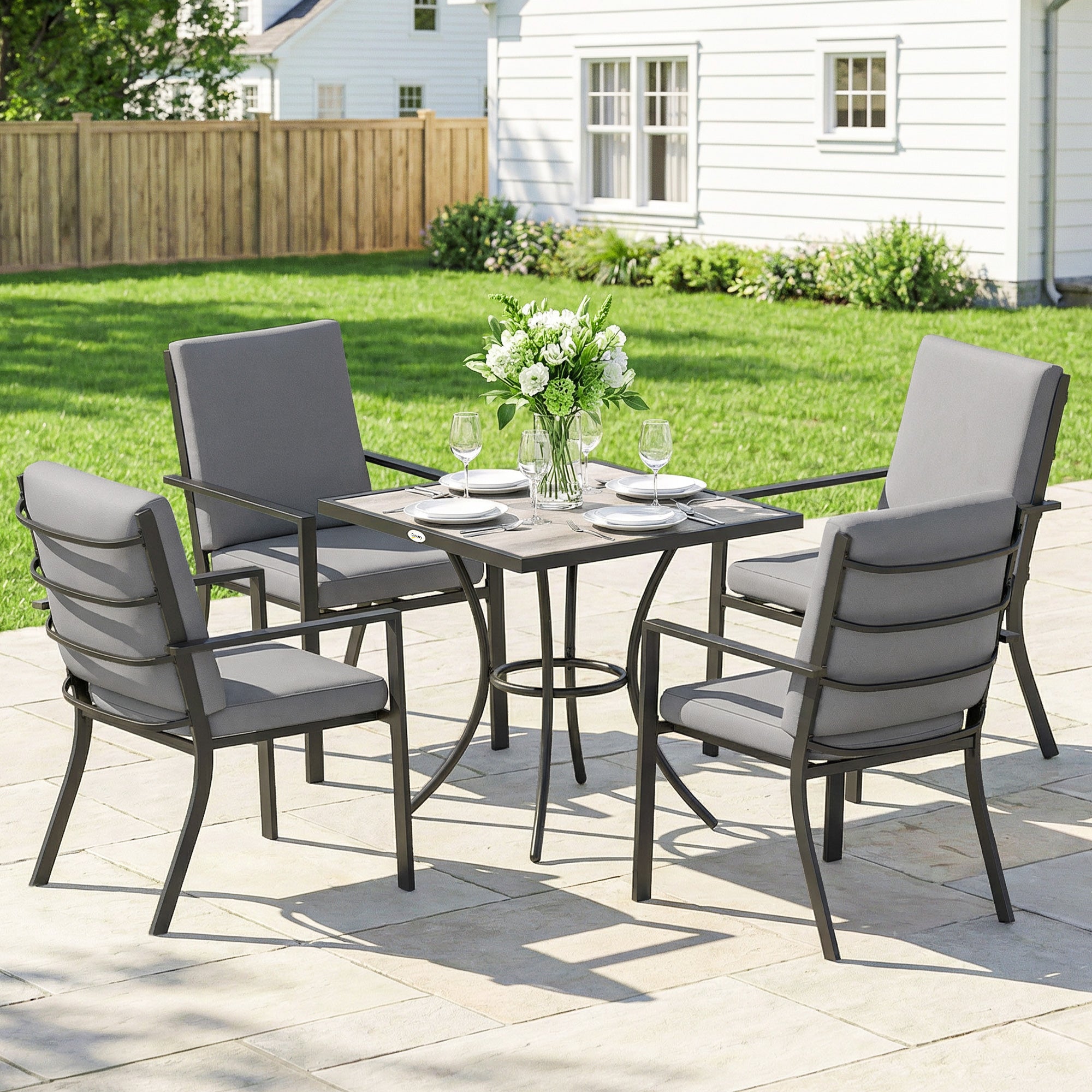 Outsunny 5 Pieces Outdoor Dining Set with Cushions, Garden Dining Set for 4 with Square Table and Stackable Chairs 