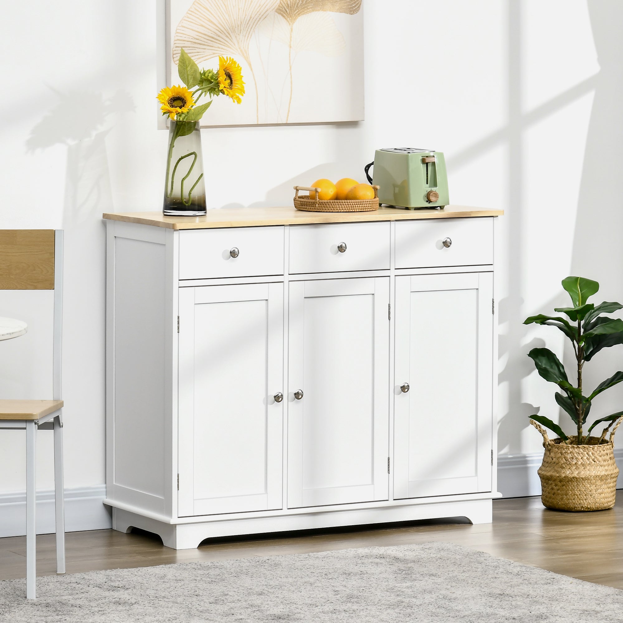 HOMCOM Modern Sideboard with Rubberwood Top, Buffet Cabinet with Storage Cabinets, Drawers and Adjustable Shelves for Living Room, Kitchen, White 