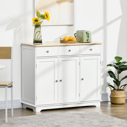 HOMCOM Modern Sideboard with Rubberwood Top, Buffet Cabinet with Storage Cabinets, Drawers and Adjustable Shelves for Living Room, Kitchen, White 