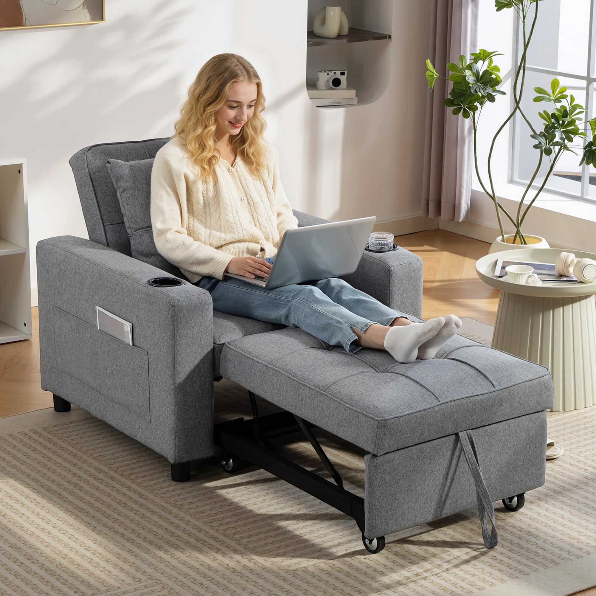 HOMCOM 3-in-1 Single Sofa Bed, Convertible Sleeper Chair Bed - Dark Grey 