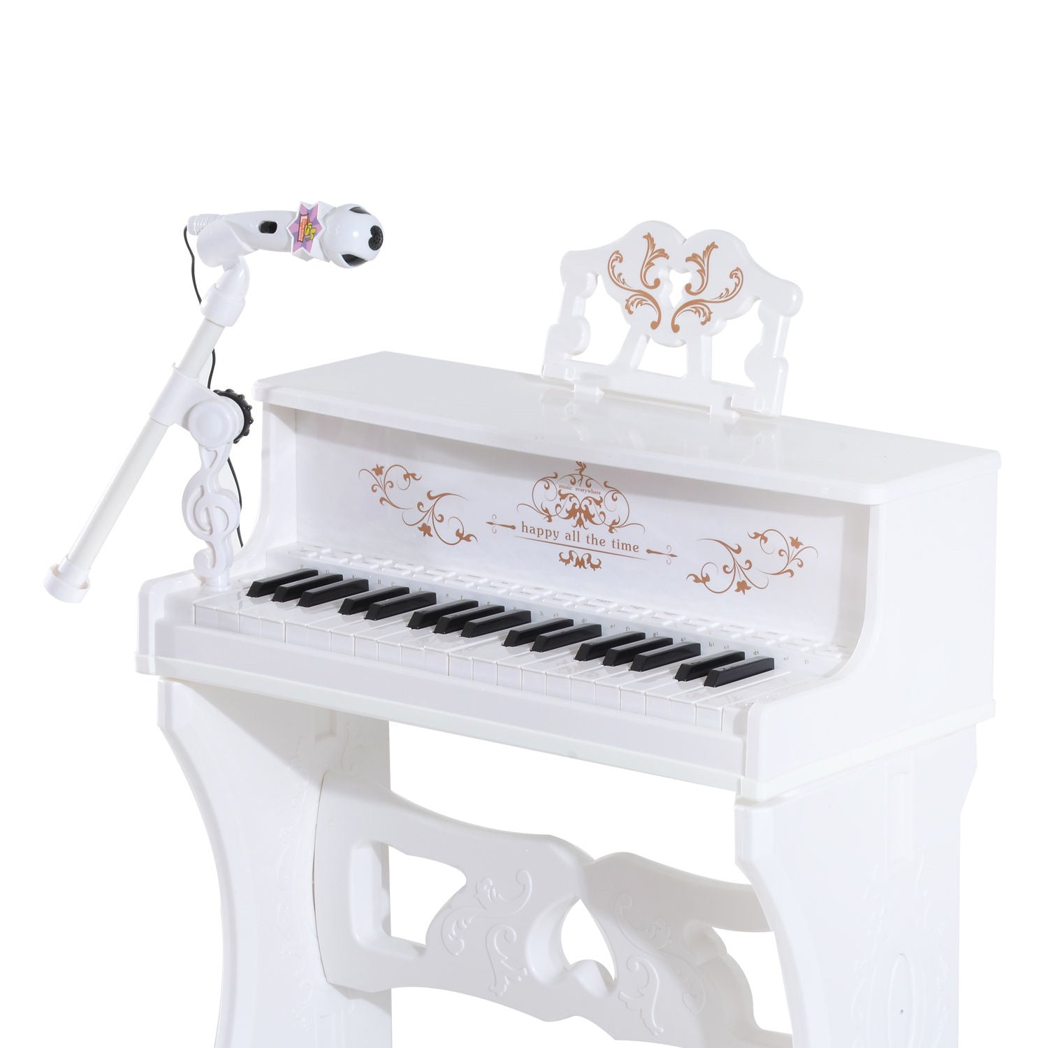 HOMCOM 37 Keys Kids Piano Mini Electronic Keyboard Light Kids Musical Instrument Educational Game Children Grand Piano Toy Set w/Stool & Microphone & Music Stand (White) 