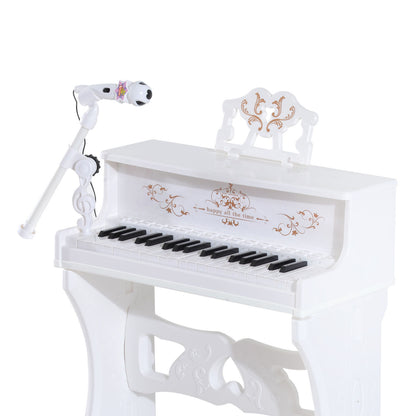 HOMCOM 37 Keys Kids Piano Mini Electronic Keyboard Light Kids Musical Instrument Educational Game Children Grand Piano Toy Set w/Stool & Microphone & Music Stand (White) 