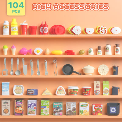 AIYAPLAY Pretend Play Kitchen Set with Realistic Lights & Sounds, 104PCS Toy Kitchen Accessories for Boys and Girls, Pink 