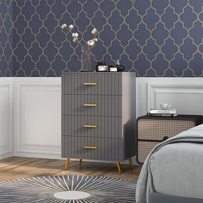 HOMCOM Four Drawer Embossed Line Dresser - Grey/Gold Tone 