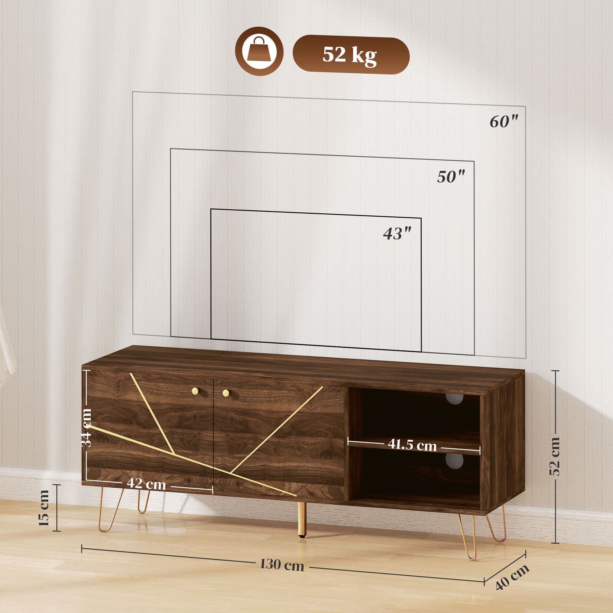 HOMCOM TV Stand Cabinet for up to 60 Inch TV, Modern 130cm TV Unit with Adjustable Shelves and Hairpin Legs, Double Door TV Cabinet for Living Room, Bedroom, Brown 