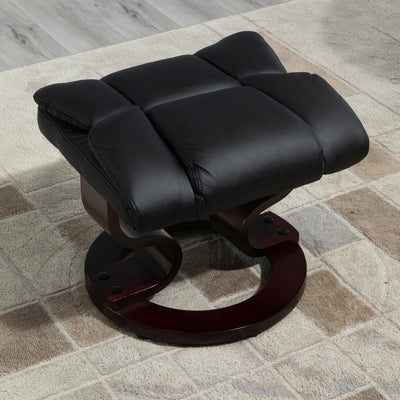 HOMCOM Faux Leather Recliner Chair and Footstool, Swivel Upholstered Armchair and Footstool with Adjustable Backrest, Solid Wood Base for Living Room, Black 